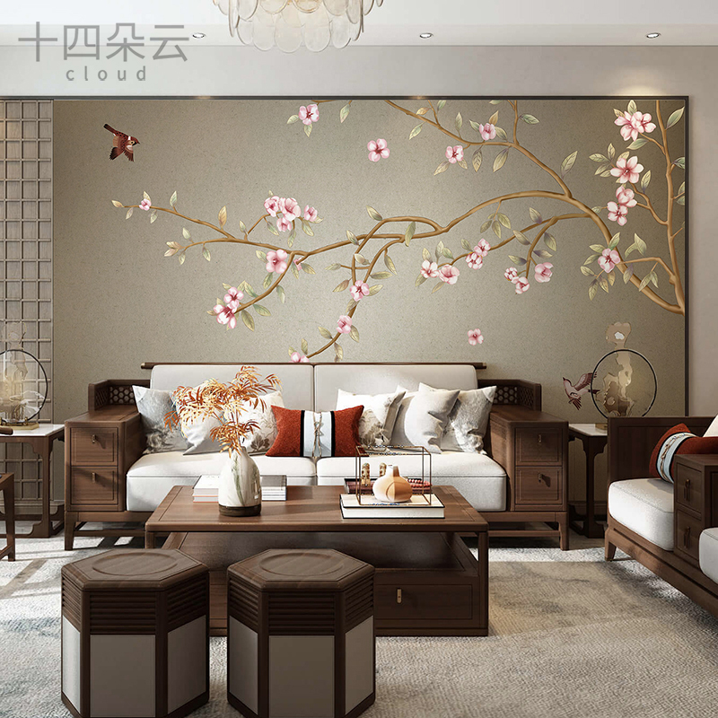 中式古典手绘桃花鸟树壁画墙纸电视背景墙壁纸卧室无纺布墙布客厅