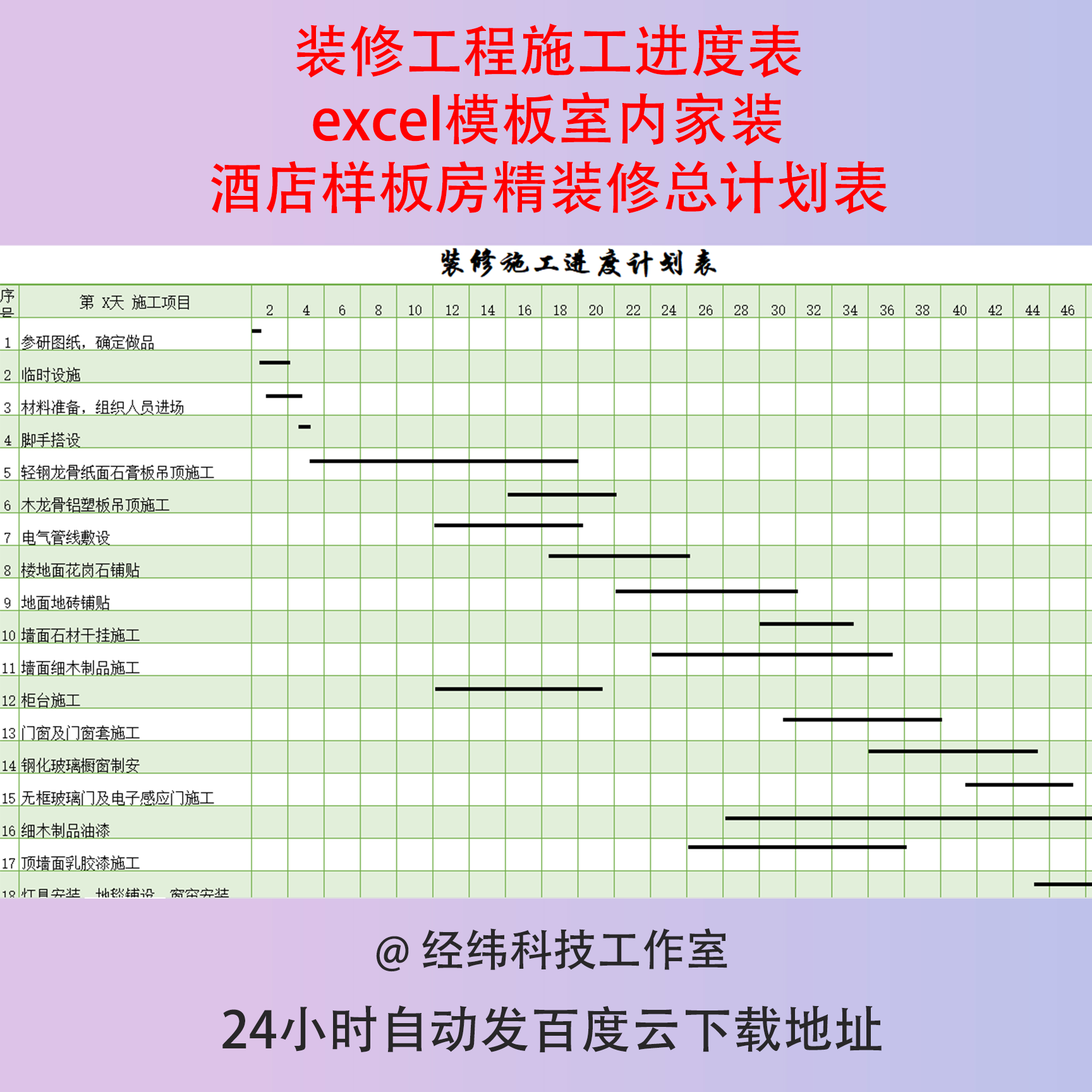 装修工程施工进度表excel模板室内家装酒店样板房精装修总计划表