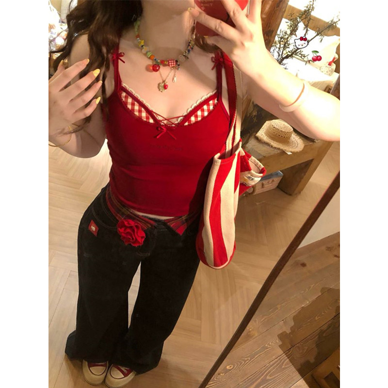 格子蕾丝撞色蝴蝶结辣妹吊带背心女夏季带胸垫修身两件套叠穿上衣