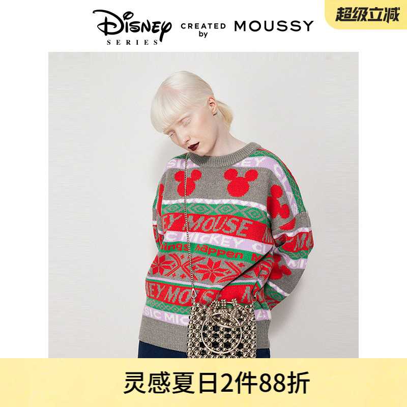 MOUSSY 迪士尼合作款米奇图案LOGO圆领针织毛衣女010GAL70-5080