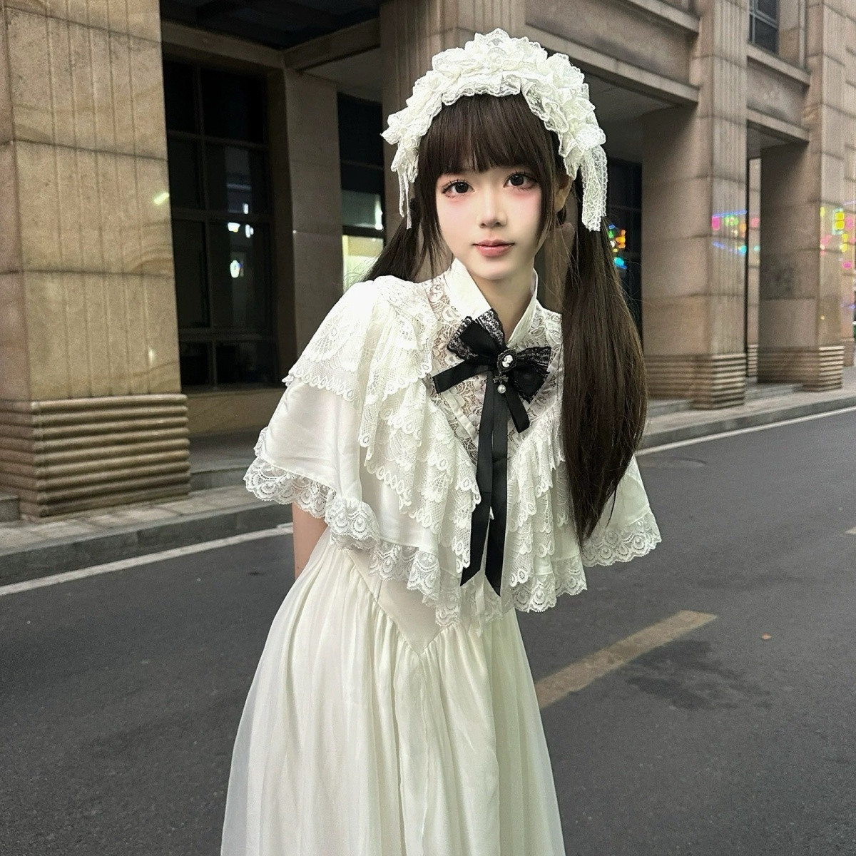 全款洛丽塔高级感蝴蝶结短袖连衣裙夏季蕾丝白色长裙女