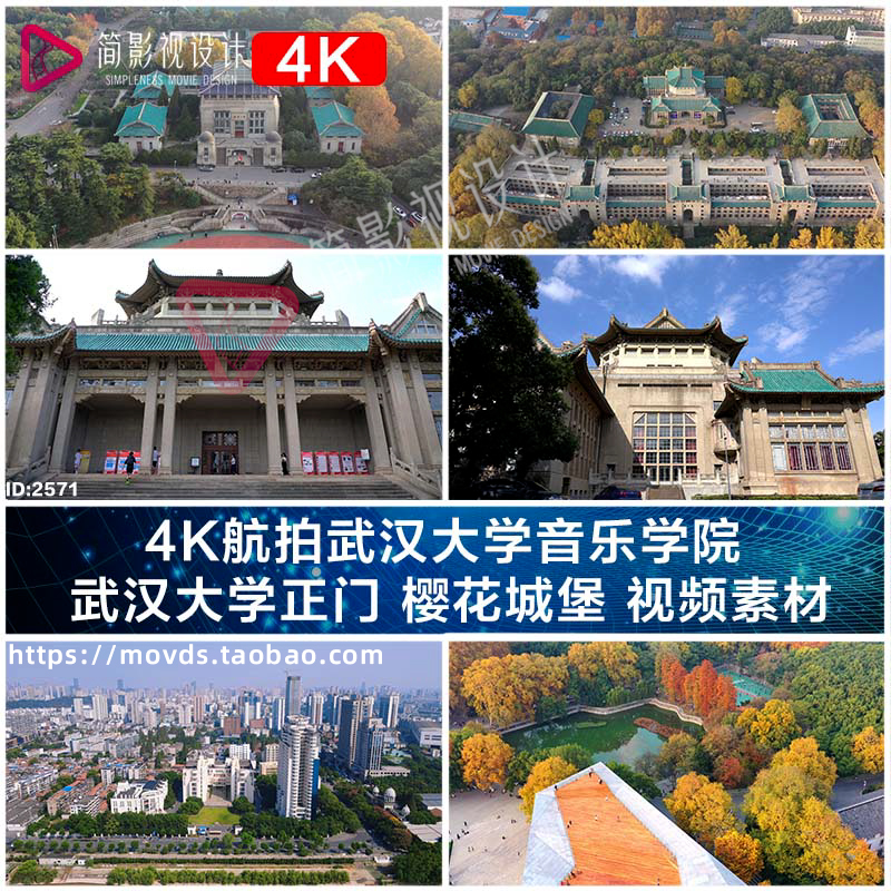 4K航拍武汉大学音乐学院  武汉大学正门 樱花城堡 视频素材