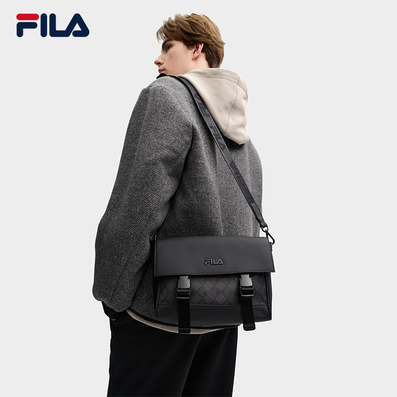 FILA 斐乐官方男包挎包翻盖复古大容量老花单肩包休闲翻盖斜挎包
