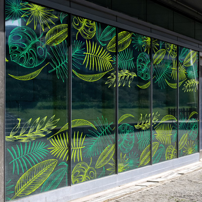 钢笔画手绘绿植装饰底纹咖啡奶茶餐饮店无胶静电玻璃贴画双面同色