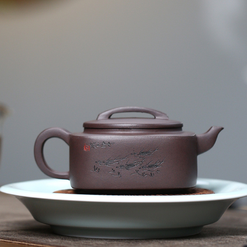 宜兴名家原矿老紫泥泡茶壶全手工刻字混四方器290毫升大品紫砂壶