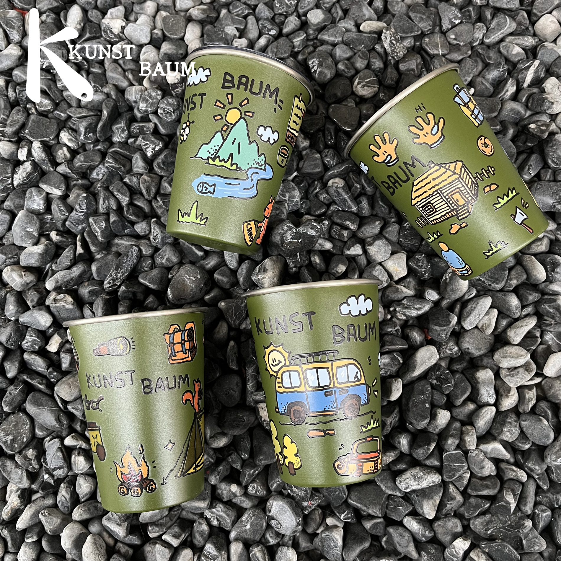 KUNSTBAUM户外手绘露营系列随手杯高颜值卡通不锈钢水杯早餐杯