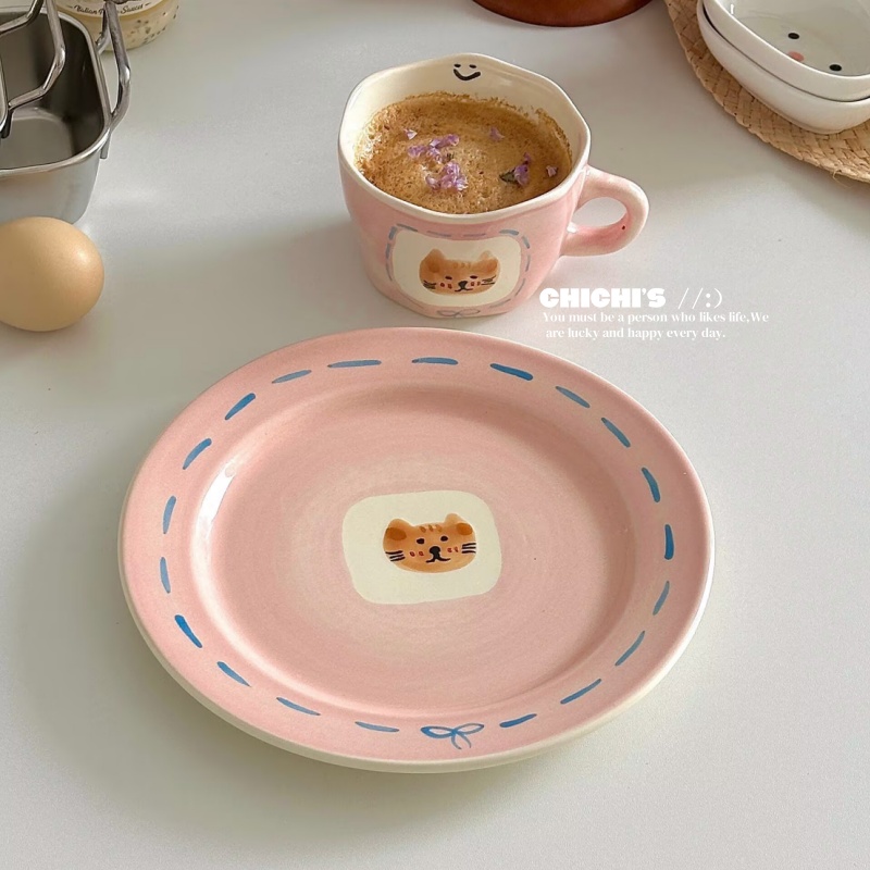 ins风可爱手绘小猫马克杯卡通陶瓷咖啡杯儿童早餐盘子礼物杯子