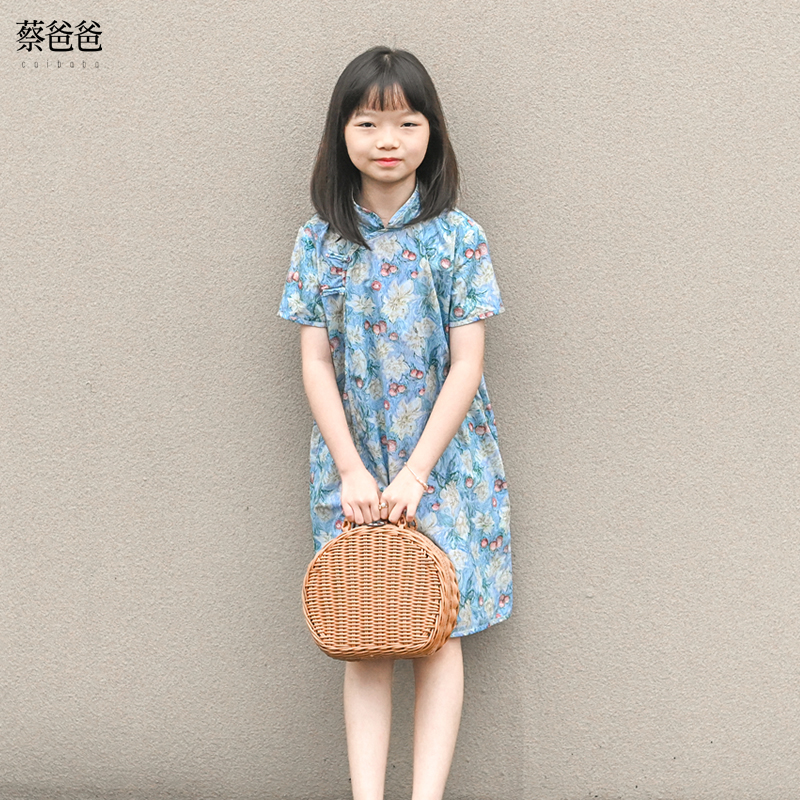蔡爸爸童装2025新款夏装时尚连衣裙小个子女装碎花中式旗袍裙082
