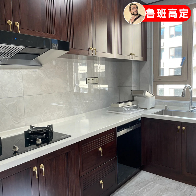 新中式全屋定制厨柜开放式厨房地柜壁柜石英石实木一体式装修设计