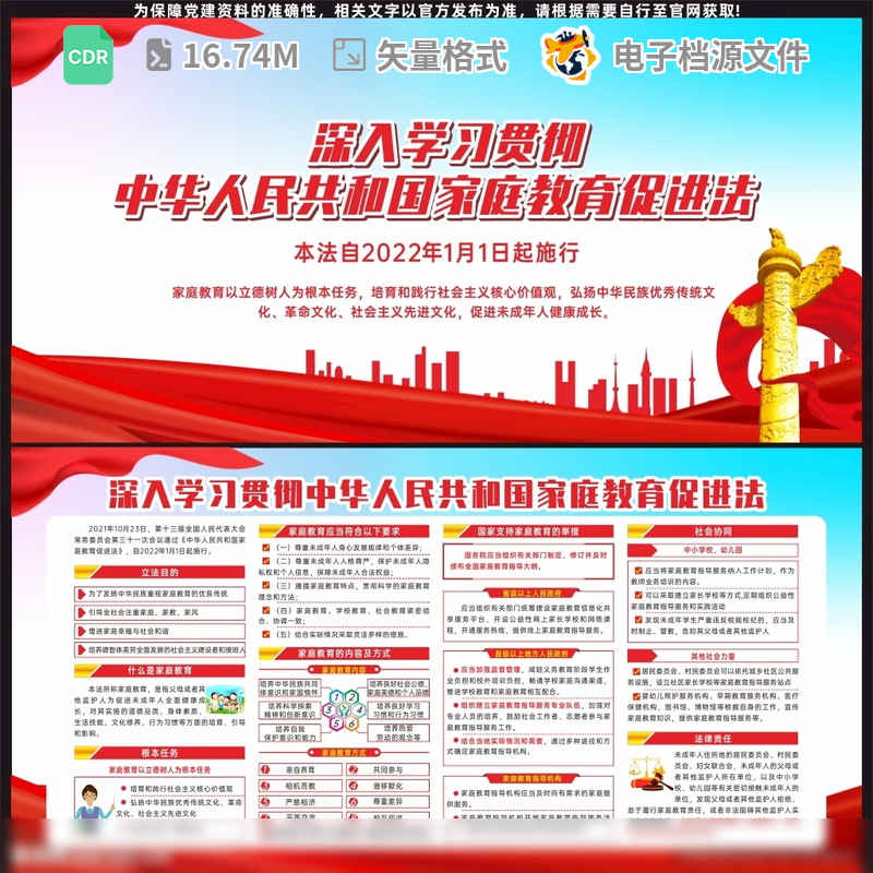 中华人民共和国家庭教育促进法宣传风周全建设计CDR模板素材