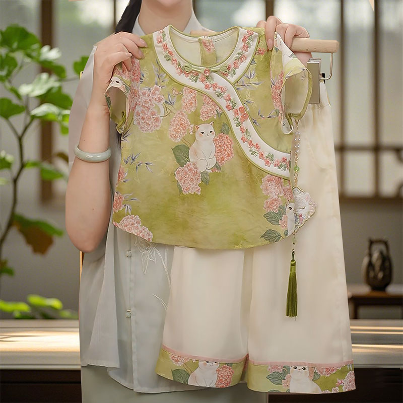 女童汉服中国风唐装短袖九分裤2025小女孩新款儿童新中式古装古风