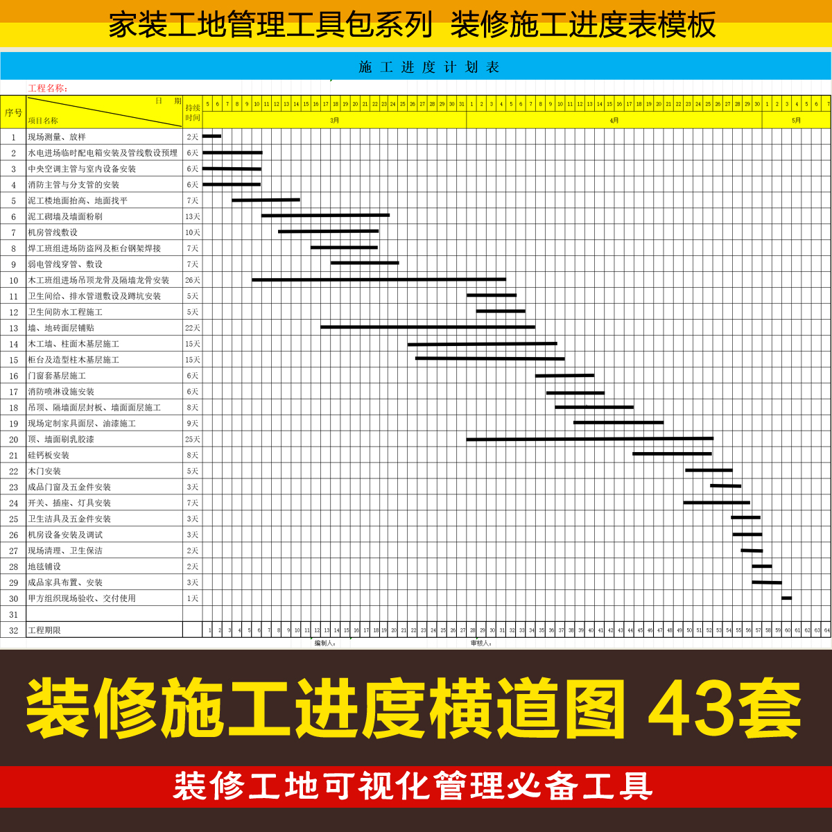 装修施工进度表横道图家装工地可视化管理工具包家装整装管理资料