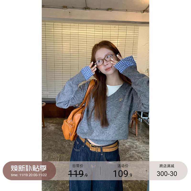 红人馆慵懒风毛衣女秋冬穿搭内搭打底长袖上衣宽松外套灰色针织衫