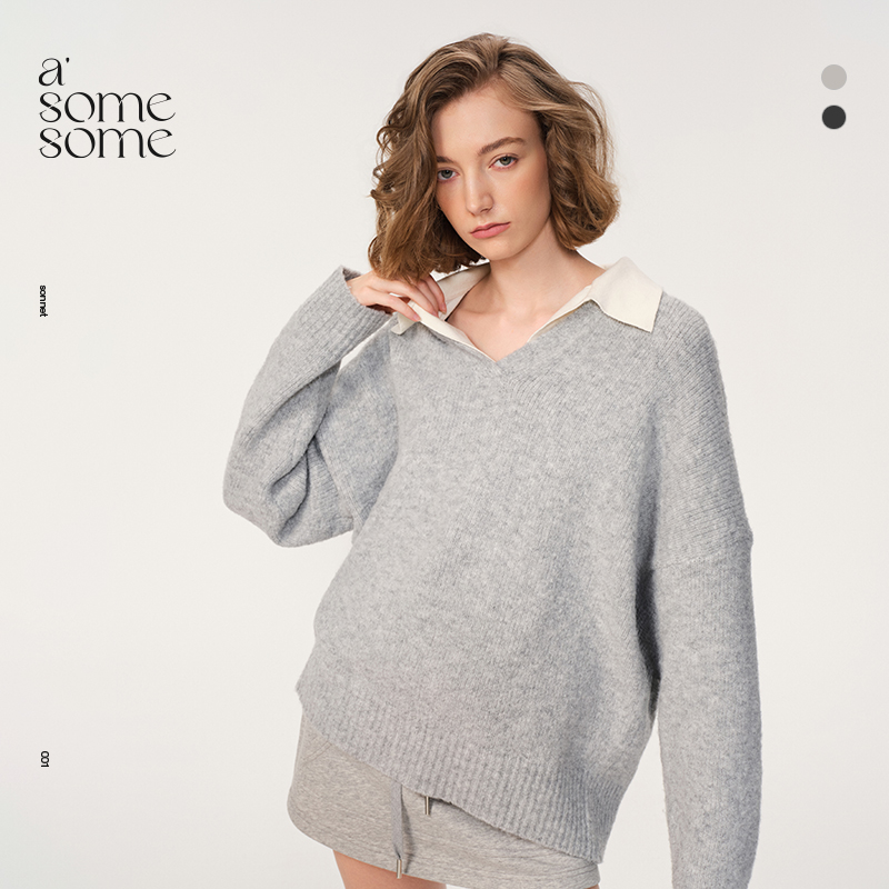asomesome灰色软糯小V领针织毛衣女秋冬针织衫内搭外套上衣毛线衣