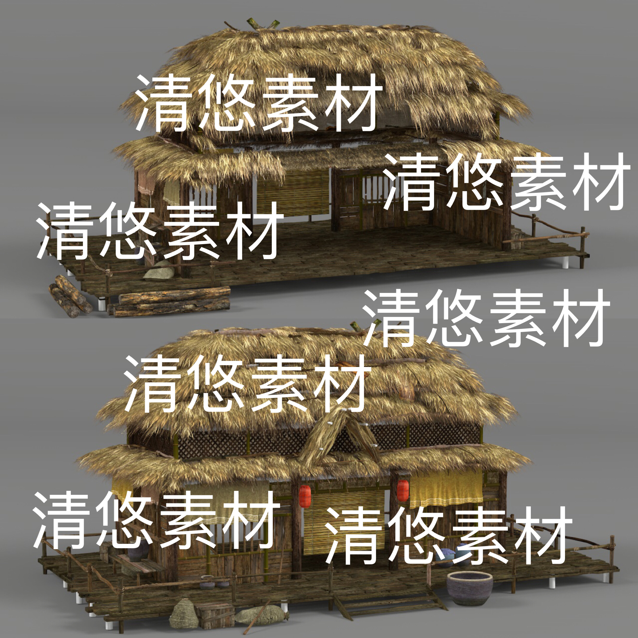 3dmax c4d fbx obj古建农家茅草房子小屋水缸罐子文件 非实物D441