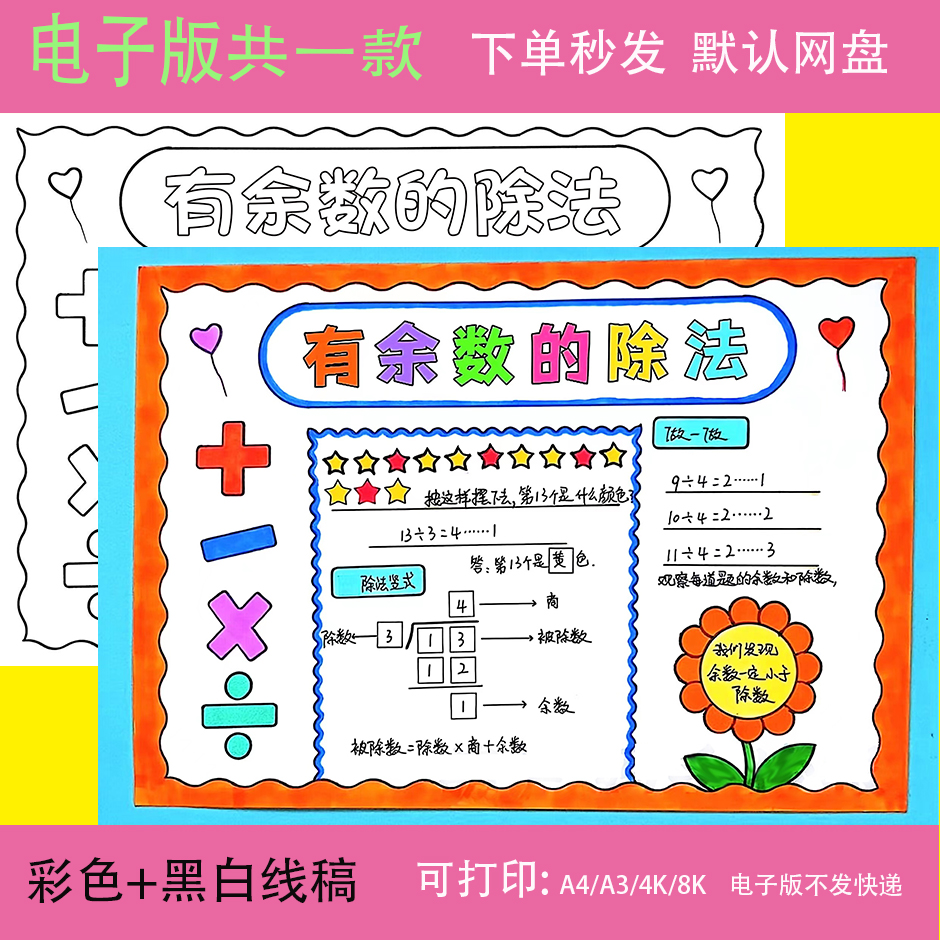 小学生二年级下册数学有余数的除法手抄报模板趣味数学小报电子版