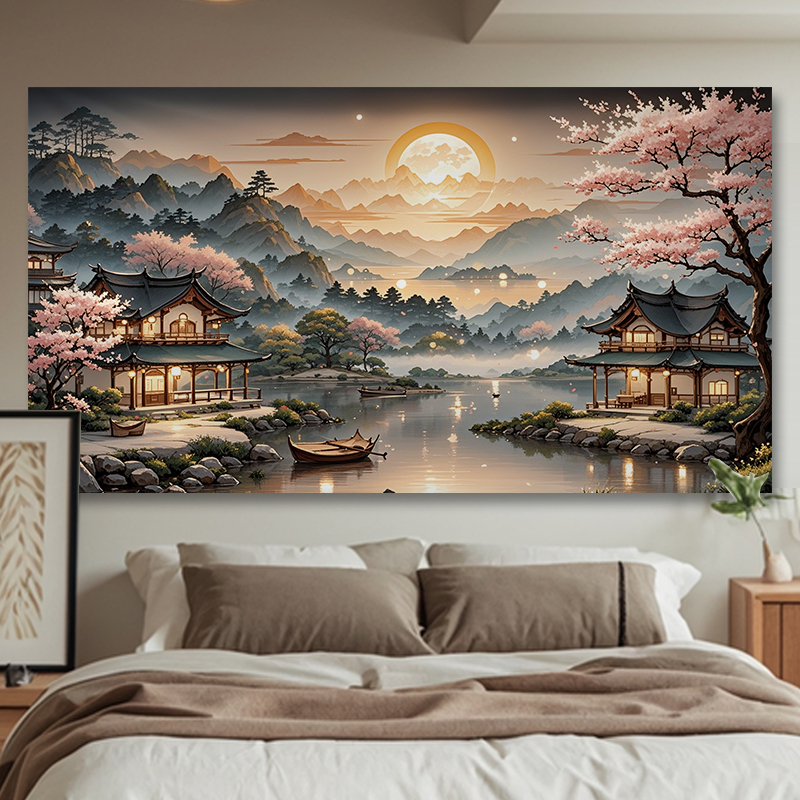 中式古风夜景背景布小众高级感挂布卧室房间床头装饰画布直播挂毯