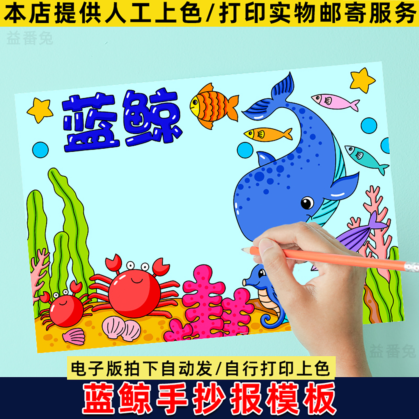 蓝鲸手抄报模板电子版小学生动物名片保护海洋动物介绍卡电子小报