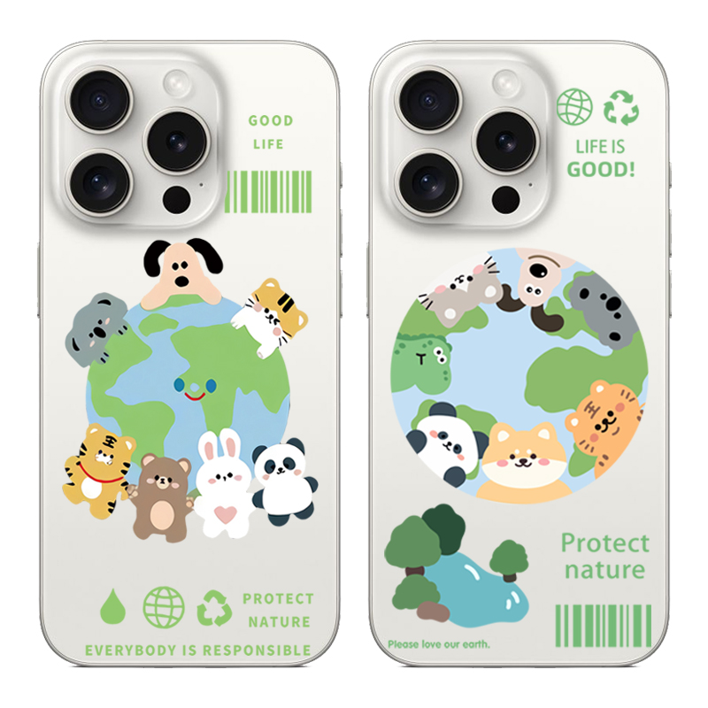 可爱地球小动物适用苹果16promax简约13卡通12个性iPhone15Plus情侣软透明手机壳华为荣耀小米14vivo三星oppo