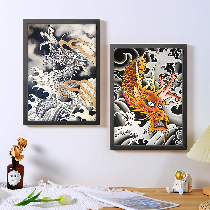 a4纹身海报框画装饰画传统浪花龙刺青手稿客厅玄关走廊背景画挂画