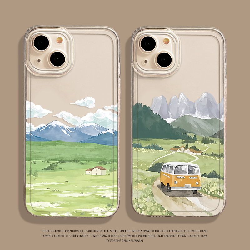 油画风景手机壳适用苹果16情侣iphone15promax小清新14plus春天13mini文艺12新款11复古x春日8透明xr防摔xs/7