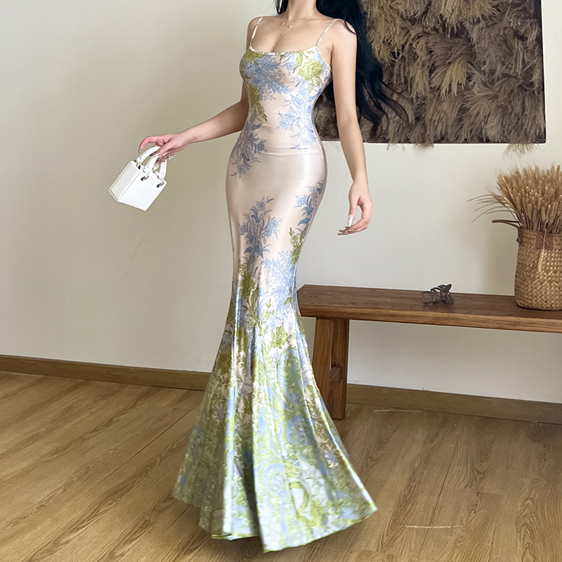 instunning新中式吊带鱼尾连衣裙女新款高级缎面伴娘服礼服长裙子