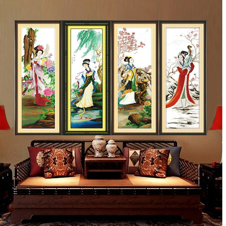 小件刺绣打发时间春夏秋冬四季图四联画古代四大美女十字绣名画人