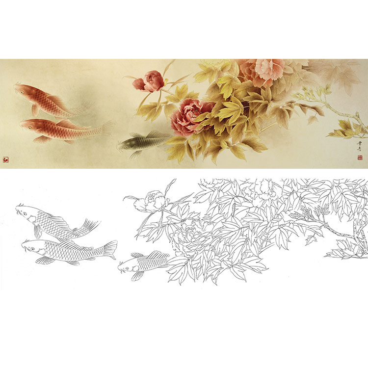 极速工笔画白描底稿实物勾线打印稿龚雪青J牡丹鲤鱼有步骤图XQ95