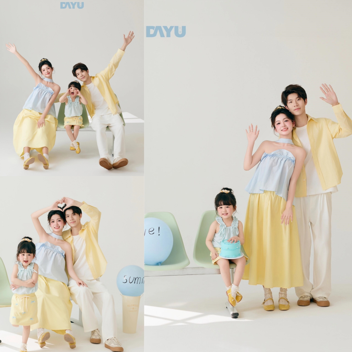 亲子装母女一家三口全家福儿童摄影服饰黄色夏天2025新款影楼拍照
