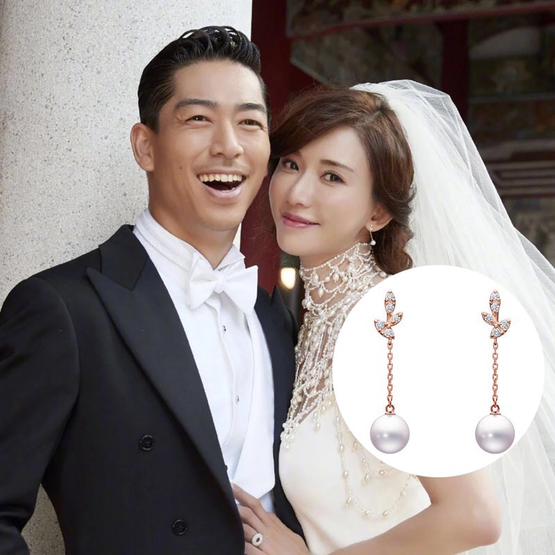 林志玲婚礼同款 18K金钻石 akoya海水珍珠耳环 耳线