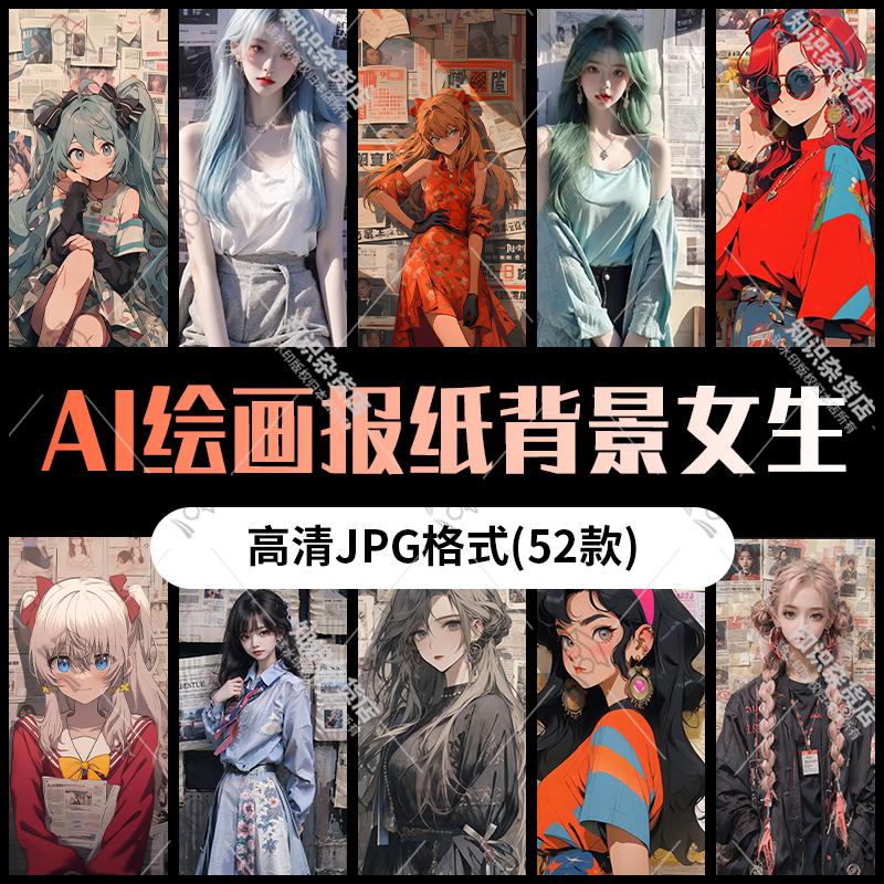 AI绘画生成时尚卡通报纸背景女生动漫手机电脑壁纸JPG图片素材图