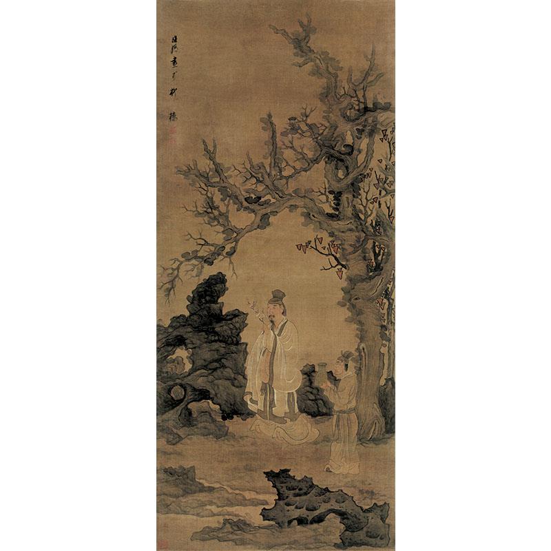 高清复刻清代陈洪绶摘梅高士图国画线描人物画梅花酌酒微喷装饰画