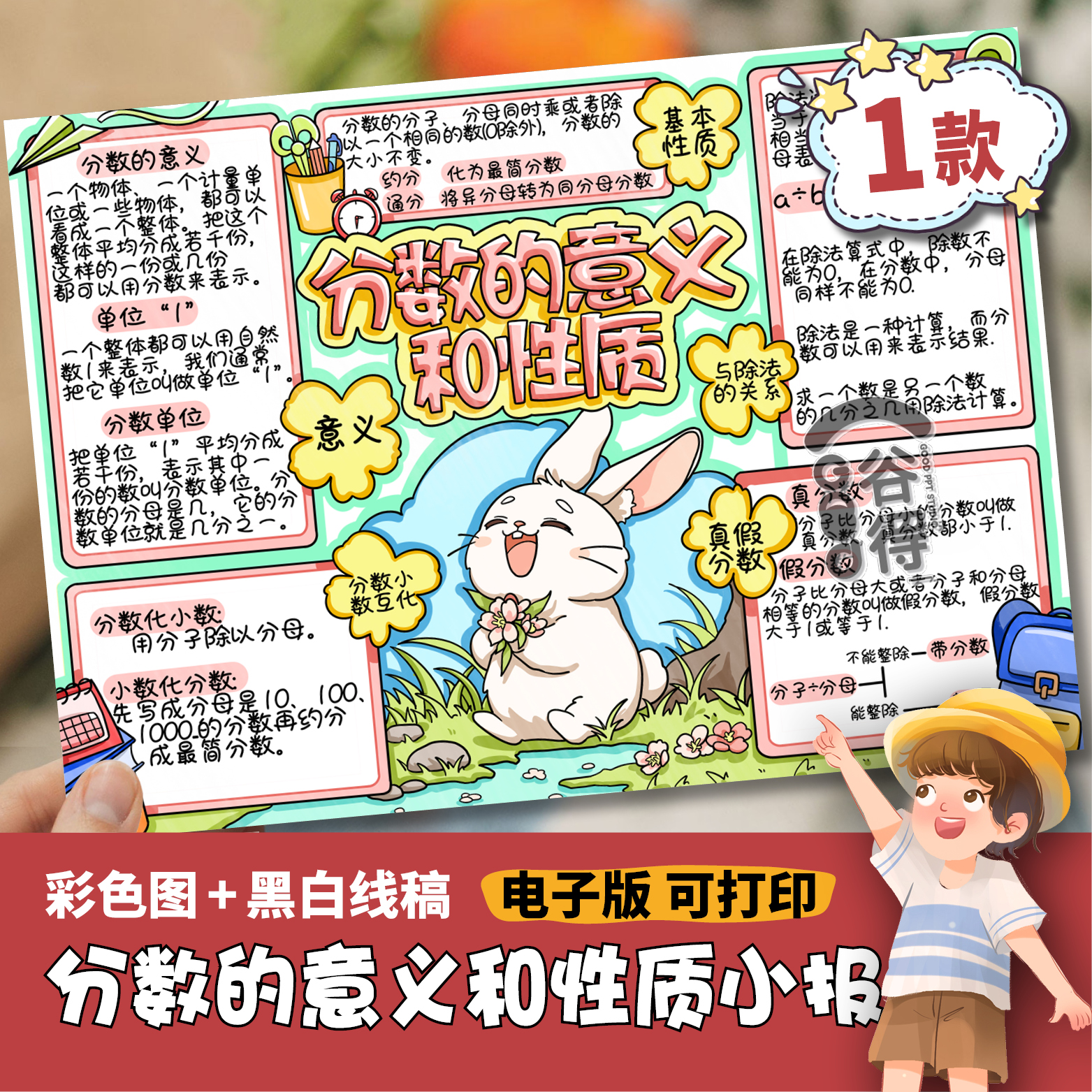 分数的意义和性质手抄报模板 数学五年级下册第四单元总结线稿808