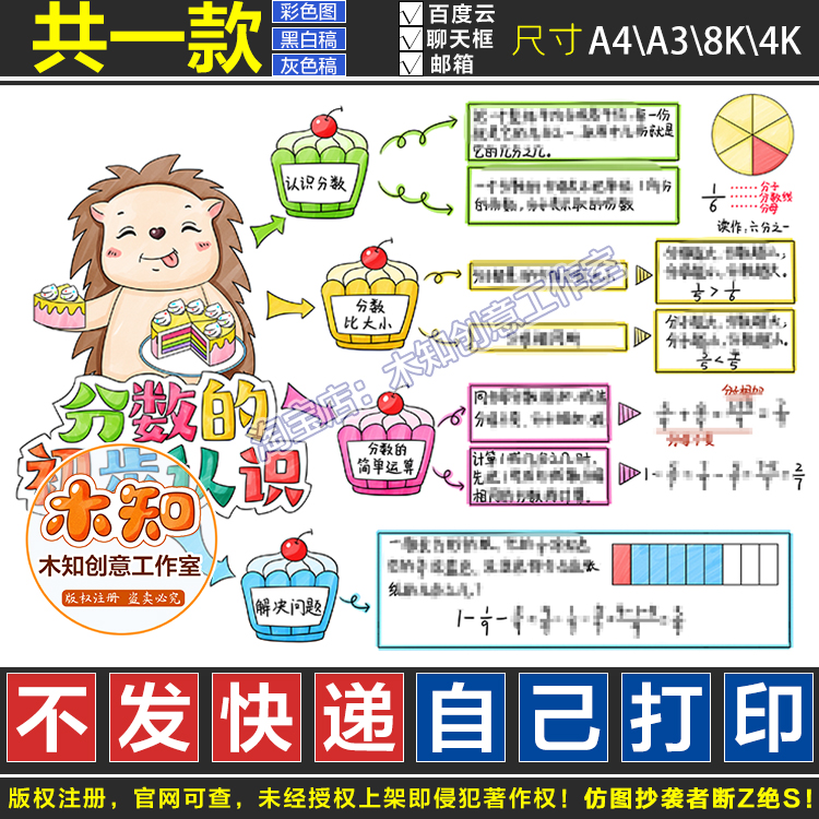 749分数的初步认识思维导图手抄报电子模板小报三年级数学黑白ES