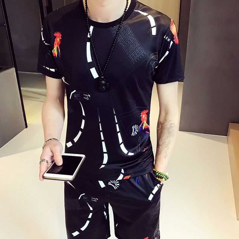 夏季社会青少年花衣服男一身两件套装成熟韩版潮短袖T恤5分裤