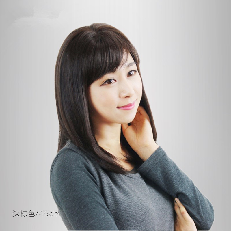 中年女长直发斜刘海自然逼真黑色长发透气中老年中长直发真发假发