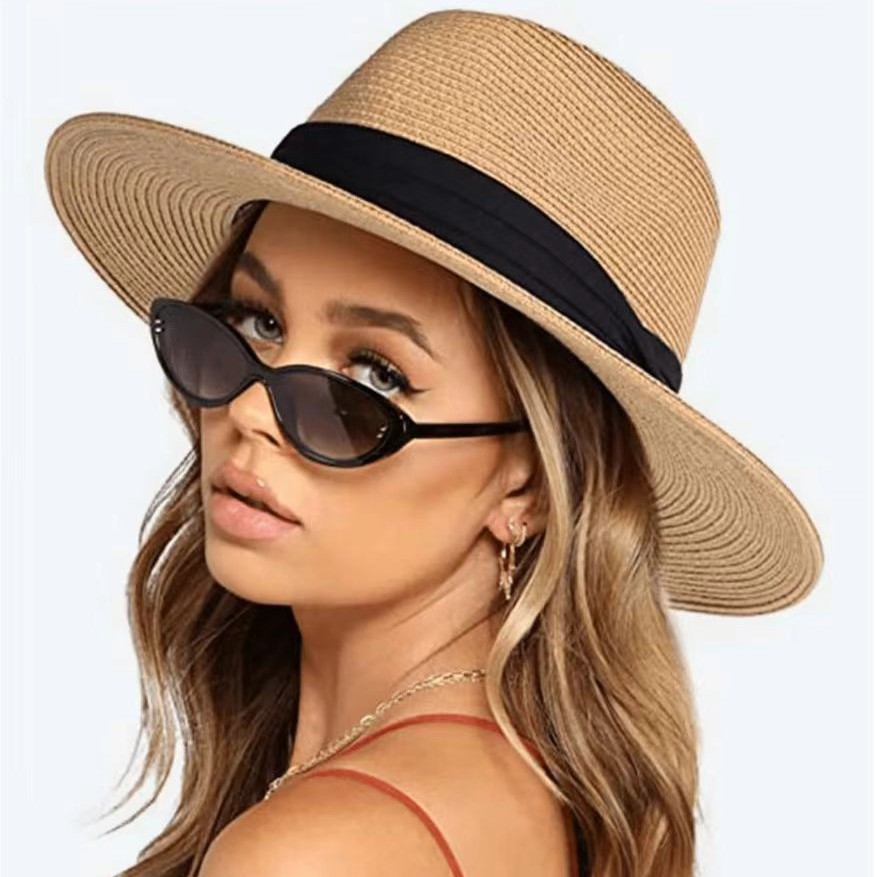Amazon style straw hat, European and American style flat eave jazz top hat, versatile for men and women, Panama summer travel sun hat