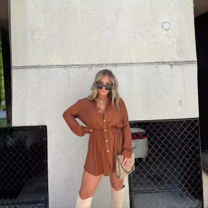 2025 European and American cross-border autumn new products for women's clothing, independent station AliExpress fashion solid color long-sleeved shirt jumpsuit