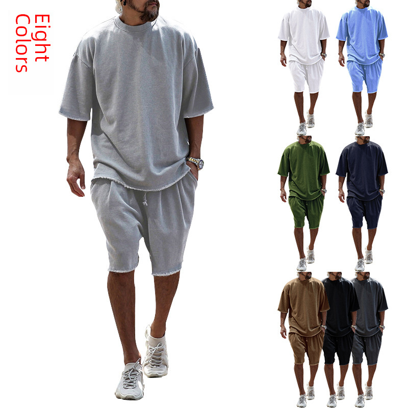 25 European and American foreign trade Amazon large-size casual men's suit loose short-sleeved T-shirt spring and summer shorts solid color men's suit