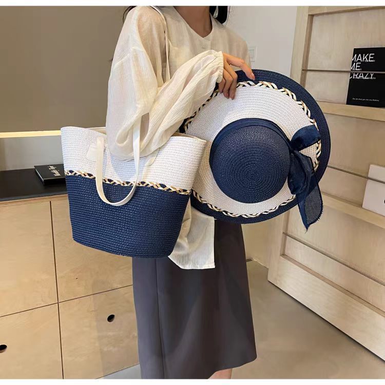 New color-blocked straw bag straw hat set large capacity shoulder bag woven bag high-end beach tote bag
