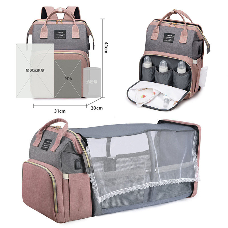 Cross border multifunctional fashionable folding bed, simple and portable, outdoor insulated bottle storage bag, large capacity mother and baby bag