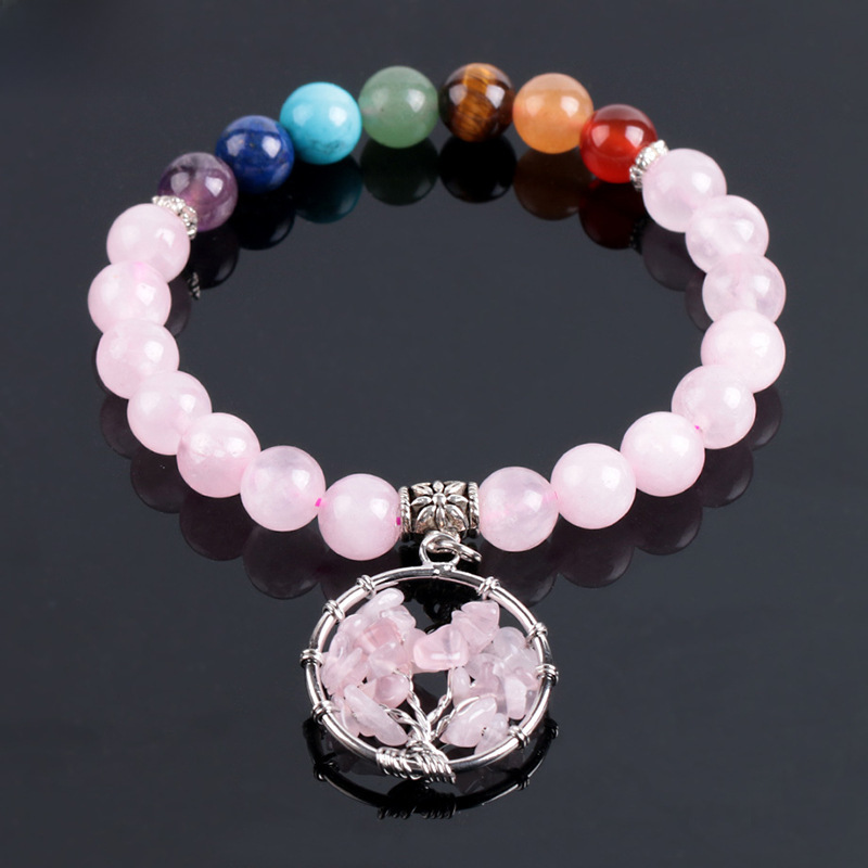 Women's natural color pink crystal semi precious stone bead bracelet pure handmade life tree with pendant jewelry E910