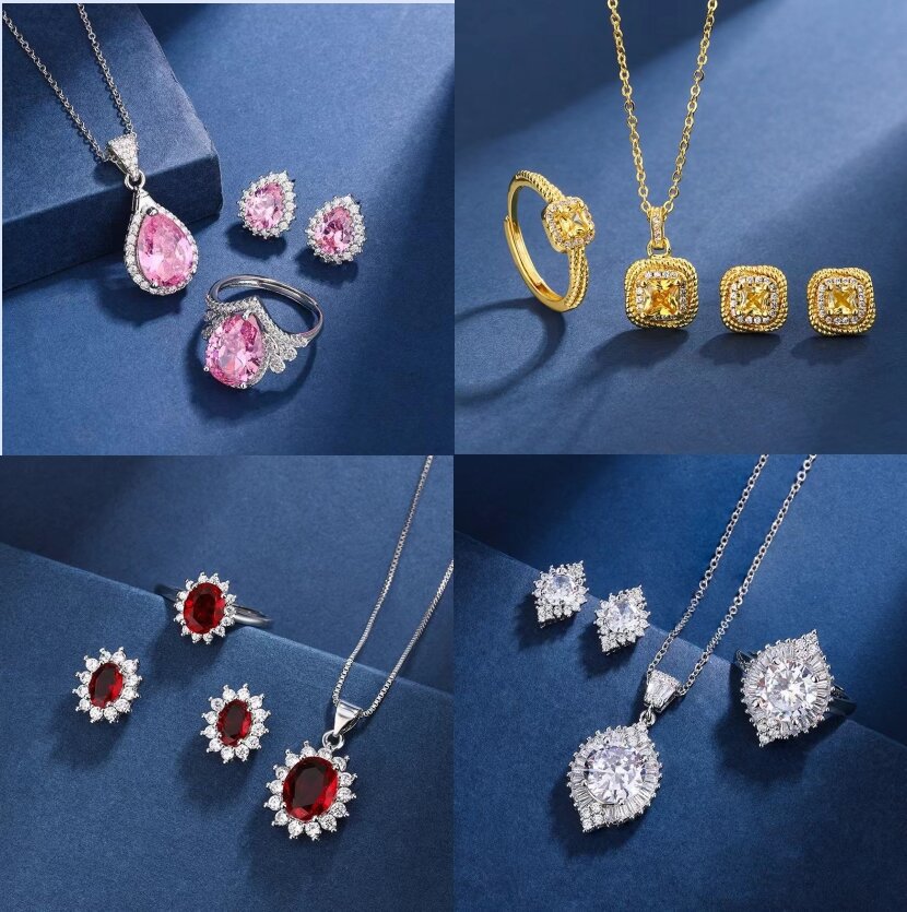 Live streaming source of three piece colorful treasure set, ring, necklace, earring combination, personalized luxury goddess, high-end feeling jewelry