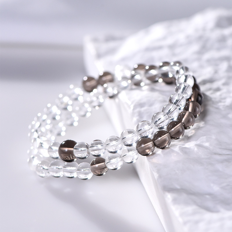 Natural white crystal 6mm round bead double ring bracelet
