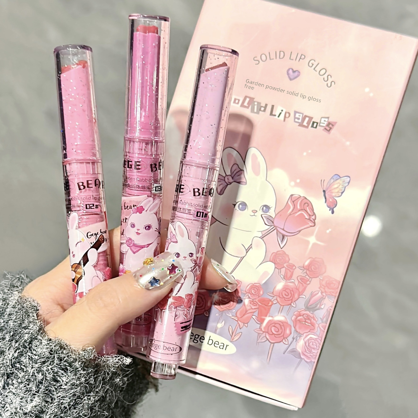 Gege bear Garden Pink Rabbit Solid Lip Gloss Mirror Moisturizing Press-Touch Love Lipstick Lip Gloss Cross-border Makeup
