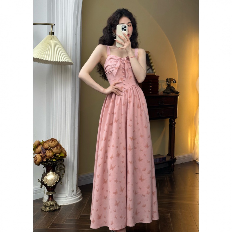 French gentle style fairy pink suspender skirt, small, high waist, slim and super beautiful early spring new dress summer