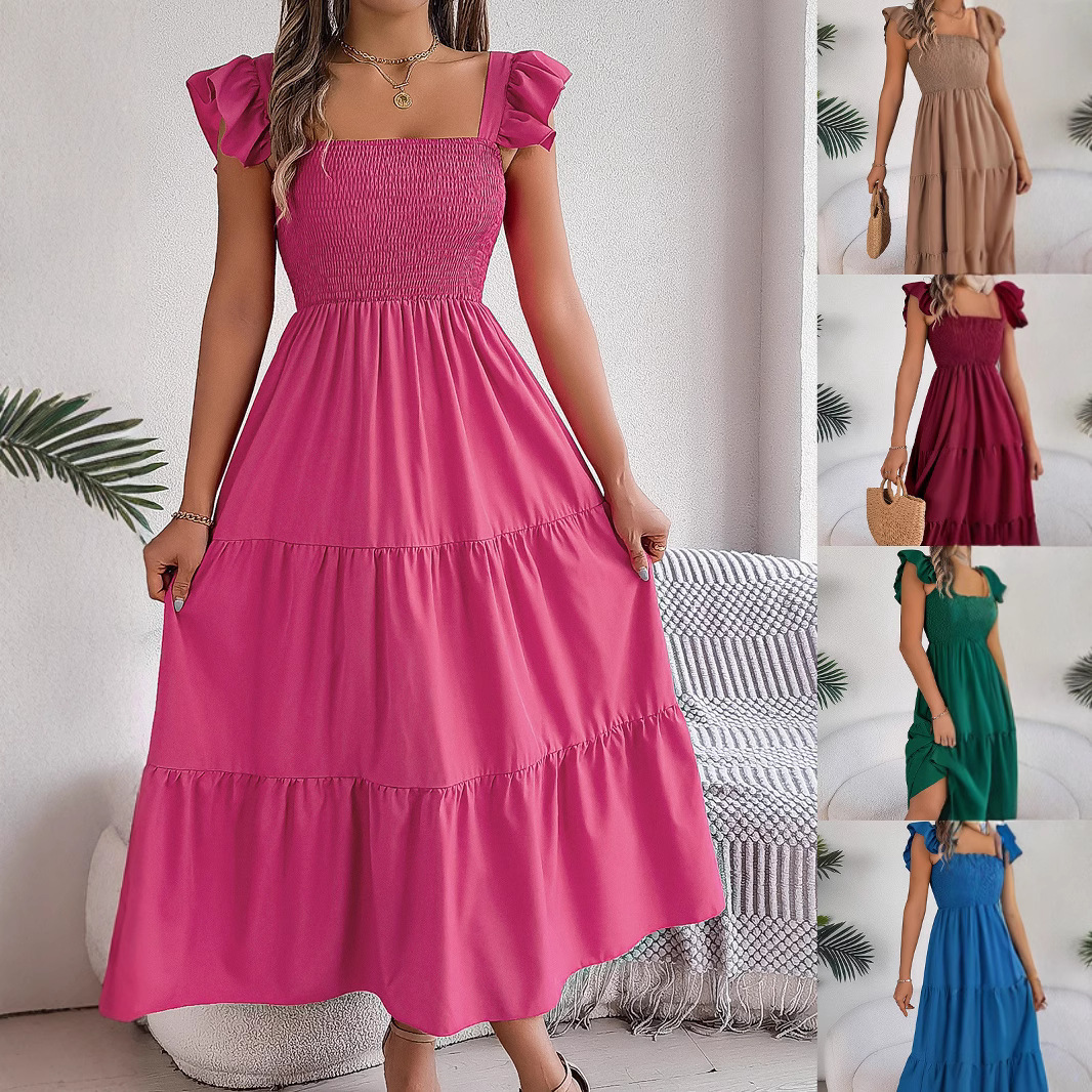 Amazon Cross-border Summer Dress 2024 Casual Women's Sleeveless Mid-Length Dress Pleated Long Layered