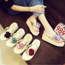 Cross border beach slippers female summer outwear high heel cool towed female seaside anti-slip flower slopes heel herringbone towerhead towed