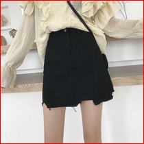 Summer new Korean version High waist display slim fit short dress net red irregular wool side A character denim half body dress