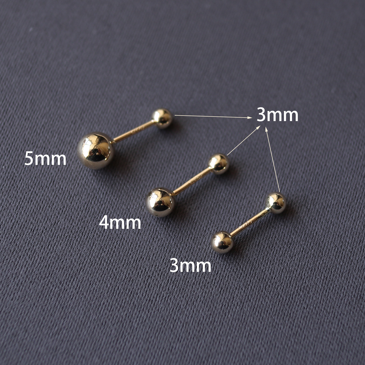 9K gold 2/3/4/5mm round gold bead screw earrings